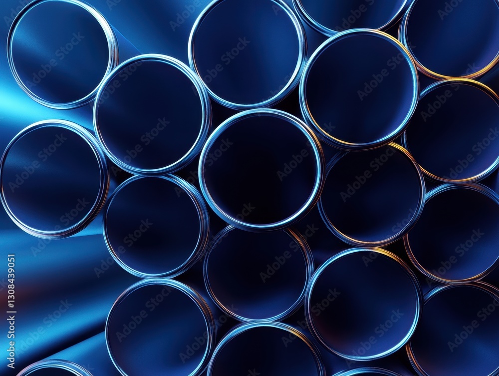 Poster abstract close-up of shiny metal pipes stacked together in a circular pattern, showcasing reflection
