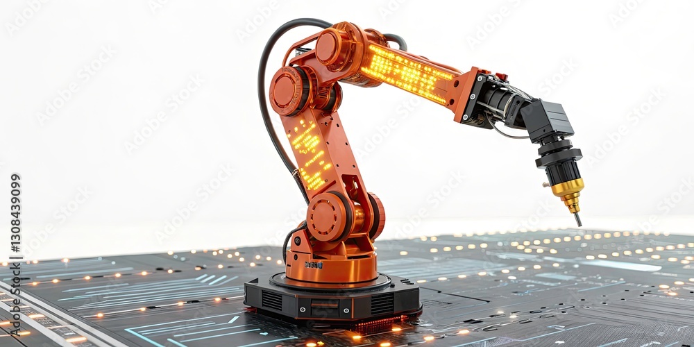 Poster Futuristic Robotic Arm: Glowing Circuits, High-Tech Surface, Deep Depth of Field