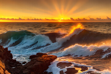 岬から眺める海と夕日