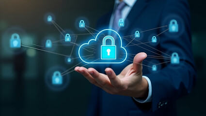Hand Operating Holographic Interface with Cloud Storage & Security Locks: Visualizing Secure Data Backup Solutions in Stock Photo with Empty Space for Customization