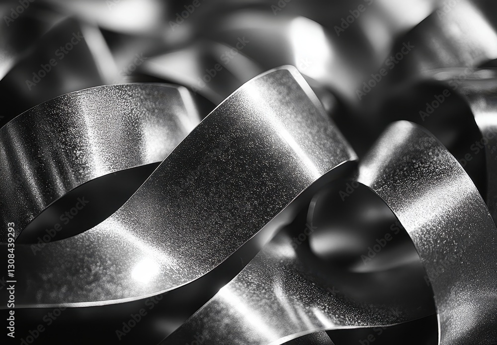 Poster abstract close-up of shiny metallic ribbons in monochrome capturing light and texture for artistic b