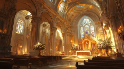 Obraz premium A warm church interior, bathed in soft, golden light. ornate ceilings with grand arches and pillars adorned with gold accents. Stained glass windows cast colorful, The altar is illuminated by candles.