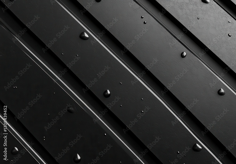 Poster abstract close-up of textured black metal surface with water droplets highlighting grooves and lines