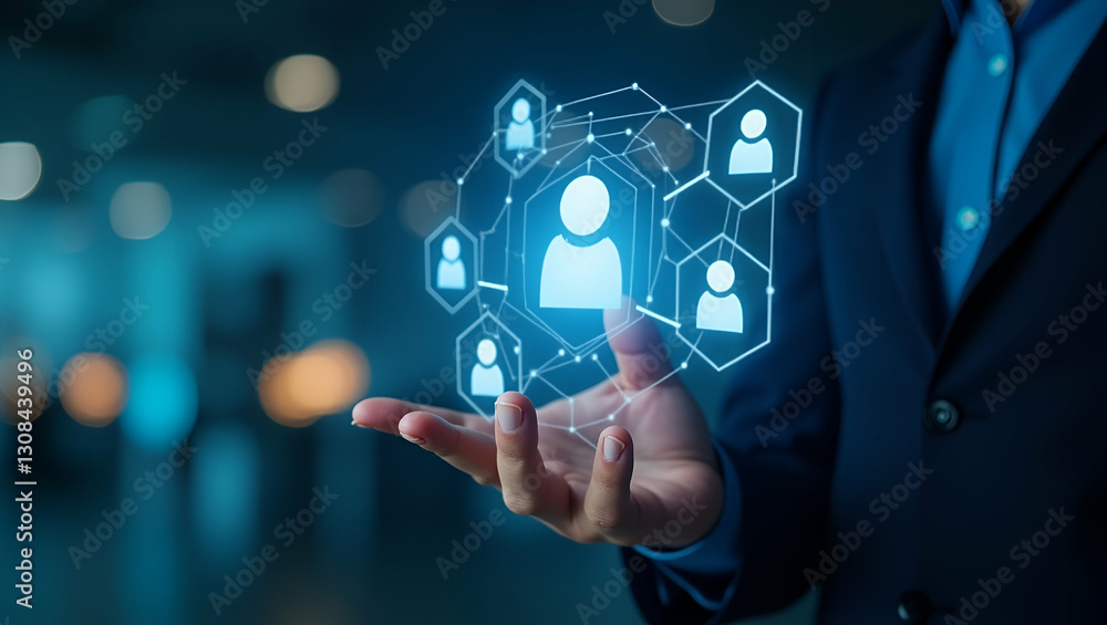 Poster hand engaging with holographic crm tools: innovative customer relationship management solutions in a