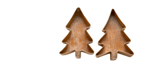 Two rustic wooden Christmas tree cookie cutters against a black background. Perfect for baking holiday treats!