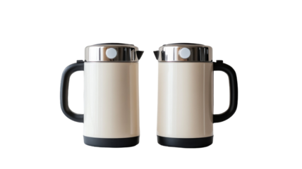 Pair of cream-colored electric kettles with silver tops and black handles. Perfect for a modern kitchen!