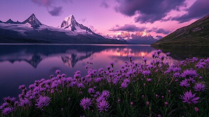 A beautiful mountainous landscape reflects in the tranquil lake water perfectly