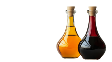 Two bottles of vinegar, one amber and one dark red, sit side-by-side.  A perfect pairing for any kitchen.