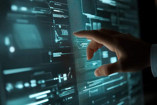 A businessmanâ€™s hand touching a futuristic digital network interface.