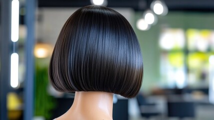 Naklejka premium Sleek brunette bob hairstyle on asian woman in modern salon setting