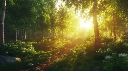 Naklejka premium Beautiful forest in spring with bright sun shining through the trees