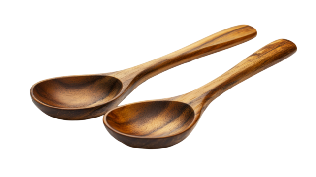 Two elegant wooden spoons, showcasing rich, dark brown tones and intricate wood grain. Perfect for adding a rustic touch to your culinary photos.