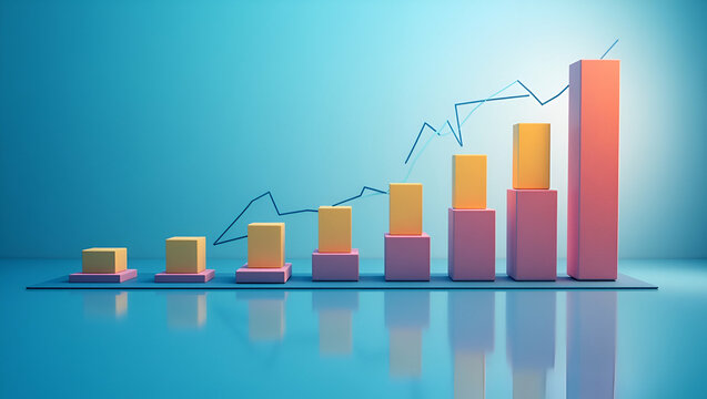 Floating bar graphs for interactive role play measuring marketing performance and highlighting success in dynamic visuals concept as Bar graphs float above a futuristic setting letting participants te