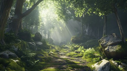 Beautiful forest with moss-covered soil and sunbeams through the trees