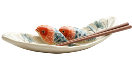 Rest your chopsticks on this elegant ceramic leaf-shaped dish, adorned with two intricately detailed fish.