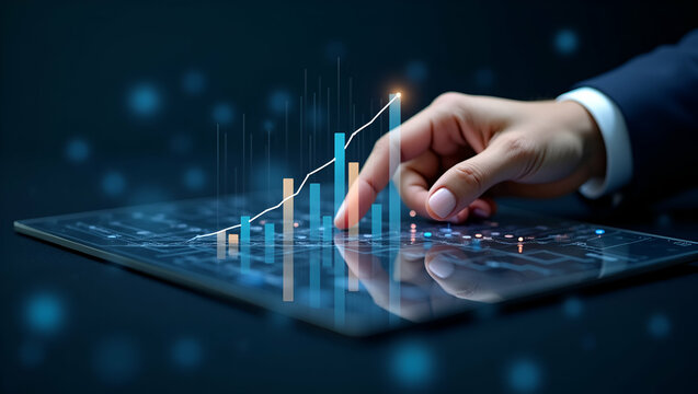 Flat Graphs display progress of employee skill development holographically illustrating training metrics and performance tracking concept as Graphs display progress of employee skill development holog
