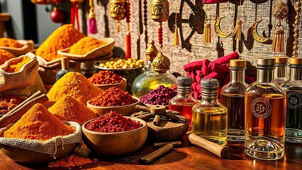 Vibrant Eid Market Stall with Spices, Perfumes, and Festive Decorations &ndash; Close-Up View