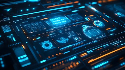 Obraz premium A futuristic digital control panel with bright illuminated displays