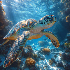 Obraz premium A majestic sea turtle gliding effortlessly over a reef