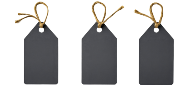 Three blank dark gray gift tags tied with twine, ready for your message. Perfect for adding a personal touch to presents.