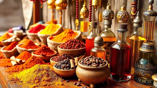 Vibrant Eid Market Stall with Spices, Perfumes, and Festive Decorations &ndash; Close-Up View