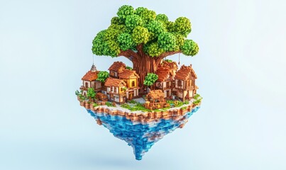 Floating island village under giant tree, fantasy scene, ideal for book cover