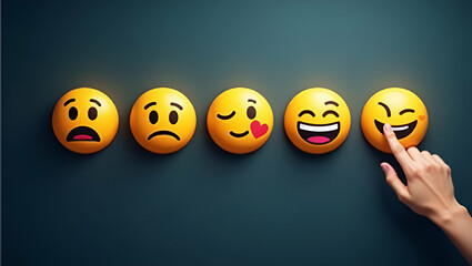 Digital Feedback System: Emojis from Sad to Happy with Finger Selecting Happy - Visualize Emotional Feedback in Stock Photo Concept with Space for Customization