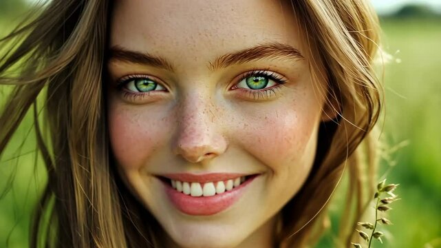 A beautiful woman with long hair, large eyes, and thin eyebrows, fair skin, blue-green eyes, and pink lip gloss, generative AI