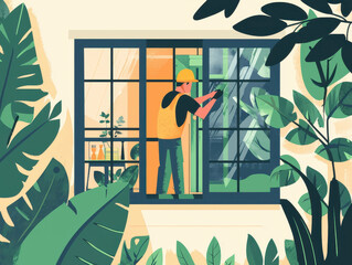 worker installing window in environmentally focused design, surrounded by greenery