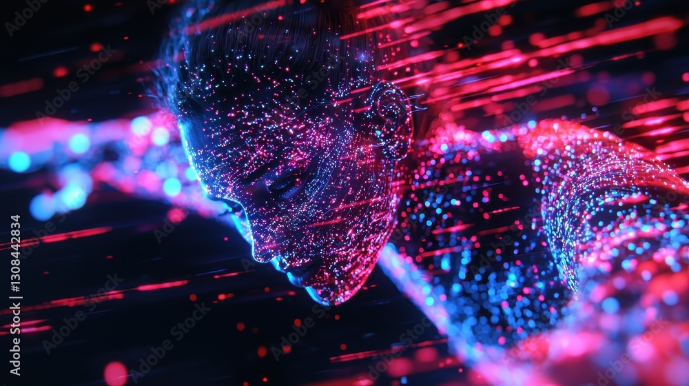 Poster ethereal human form with colorful light trails and sparkling effects