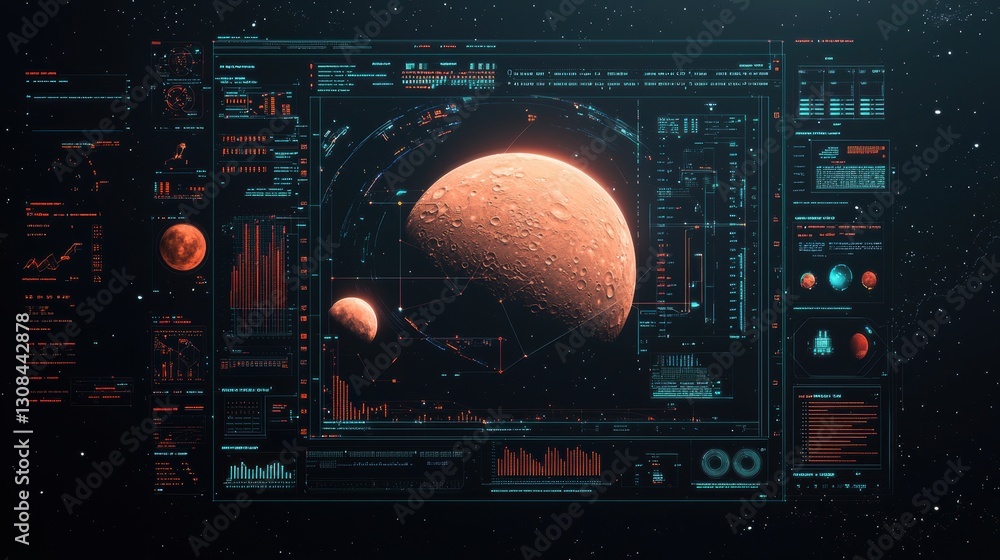 Poster futuristic space dashboard with planetary data visualization
