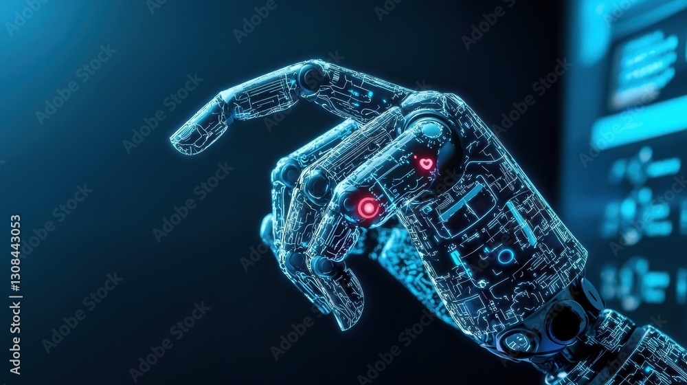 Poster futuristic robotic hand with circuitry design in dark environment
