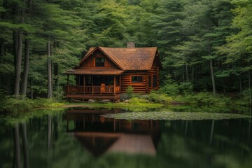 Obraz premium Wooden cabin reflecting in a calm lake surrounded by forest