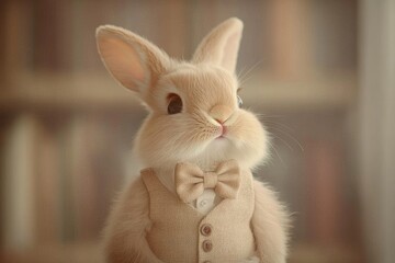 Obraz premium Adorable fluffy bunny rabbit dressed in a beige waistcoat and bow tie.