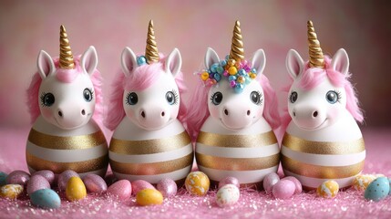 Fototapeta premium Colorful unicorn decorations with golden horns and easter eggs. Easter, Pascha, Paskha, Ostern, Pascua, Paques - Orthodox and Catholic Holiday celebration