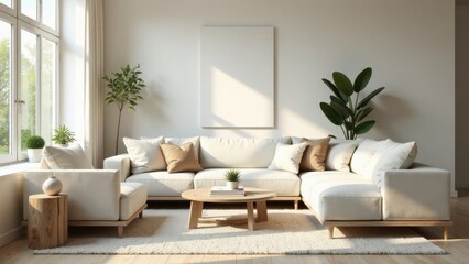 Serene Living Room with Neutral Tones and Natural Light Featuring a Cozy Sectional Sofa and Stylish Decor
