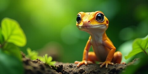 Naklejka premium A small, adorable gecko with bright orange skin and large, expressive eyes sits on the forest floor, surrounded by lush green foliage.