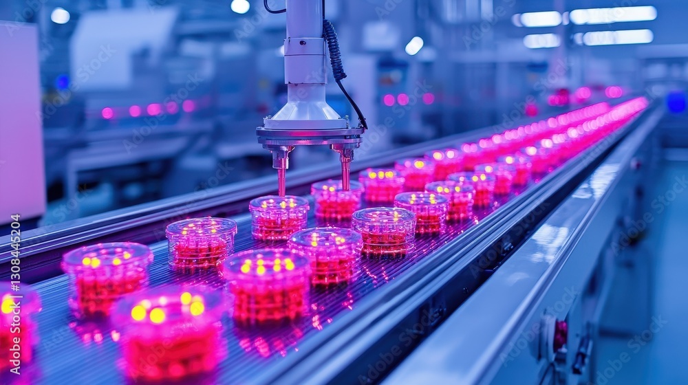 Poster advanced robotic arm in food processing factory with pink lighting