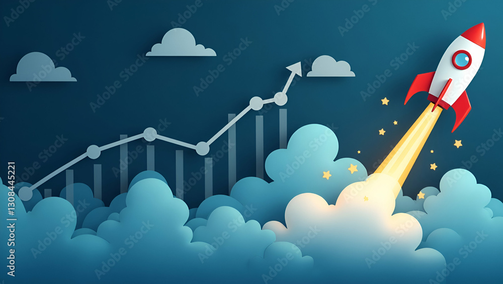 Poster flat a rocket icon and chart for role play promoting future oriented strategies to push digital upgr