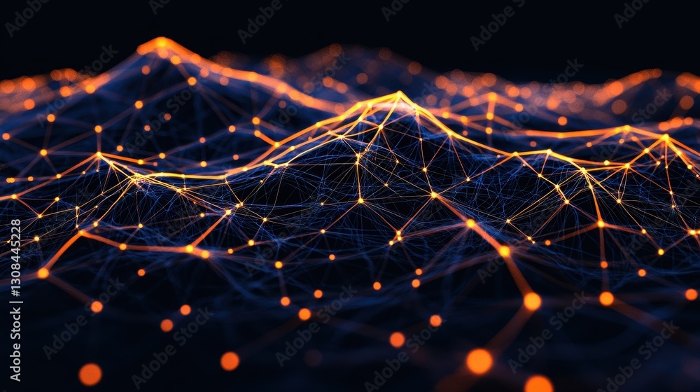 Poster abstract digital landscape with glowing nodes and wireframe structure