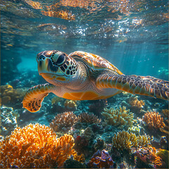Fototapeta premium A mesmerizing view of a sea turtle gliding over a colorful coral reef