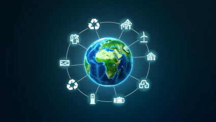 Visualizing Net Zero Goals: A Glowing Earth Hologram Surrounded by Recycling and Renewable Energy Icons in a Cute Flat Vector Illustration for Environmental Sustainability