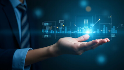 Flat Business professional tracking cost reductions and investments using holographic monetary visualization systems concept as Balancing costs and investments through advanced holographic financial p