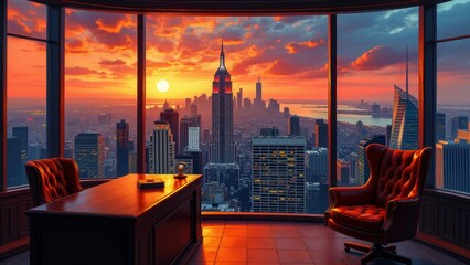 Executive luxury background, A modern executive office bathed in golden sunset light with leather furniture skyscrapers outside rich wood textures an