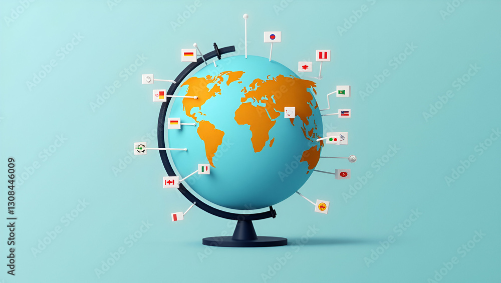 Poster flat a globe with language markers for role play scenarios letting teams adapt content across border
