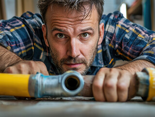Handyman inspecting pipe with focused expression, ready to fix issues