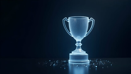 Flat Holographic trophy glowing with particles symbolizing achievement and success in corporate environments concept as Holographic trophy glowing with particles to represent achievement and success i