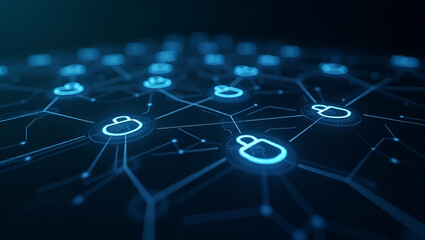 Secure Your Data: Flat Holographic Grid of Locks & User Icons in a Virtual Digital Environment