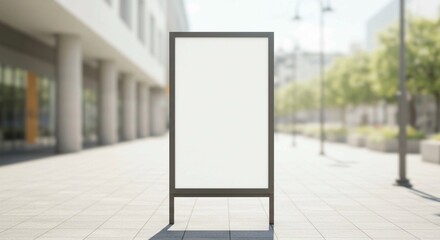 On a paved walkway, a blank vertical outdoor sign with a metal frame serves as a display mockup for public space advertising