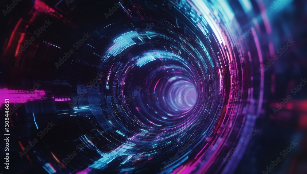 Poster abstract digital tunnel with vibrant glowing colors creating a futuristic illusion of depth and move